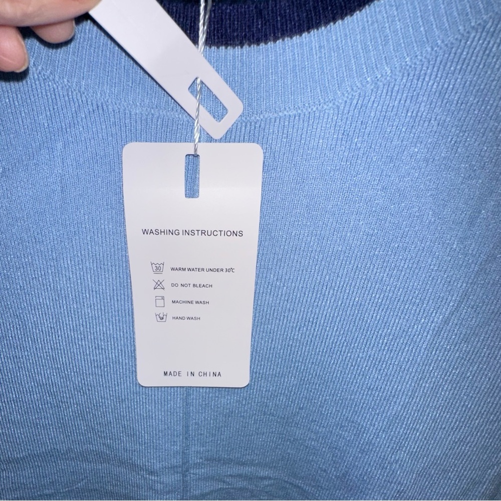 Merokeety Light Blue Sweater Dress with Navy Trim- Large nwt - Picture 5 of 9